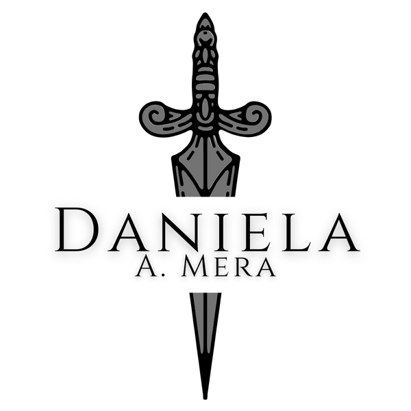 Author logo: Daniela A. Mera in front of a hand-drawn gray dagger.