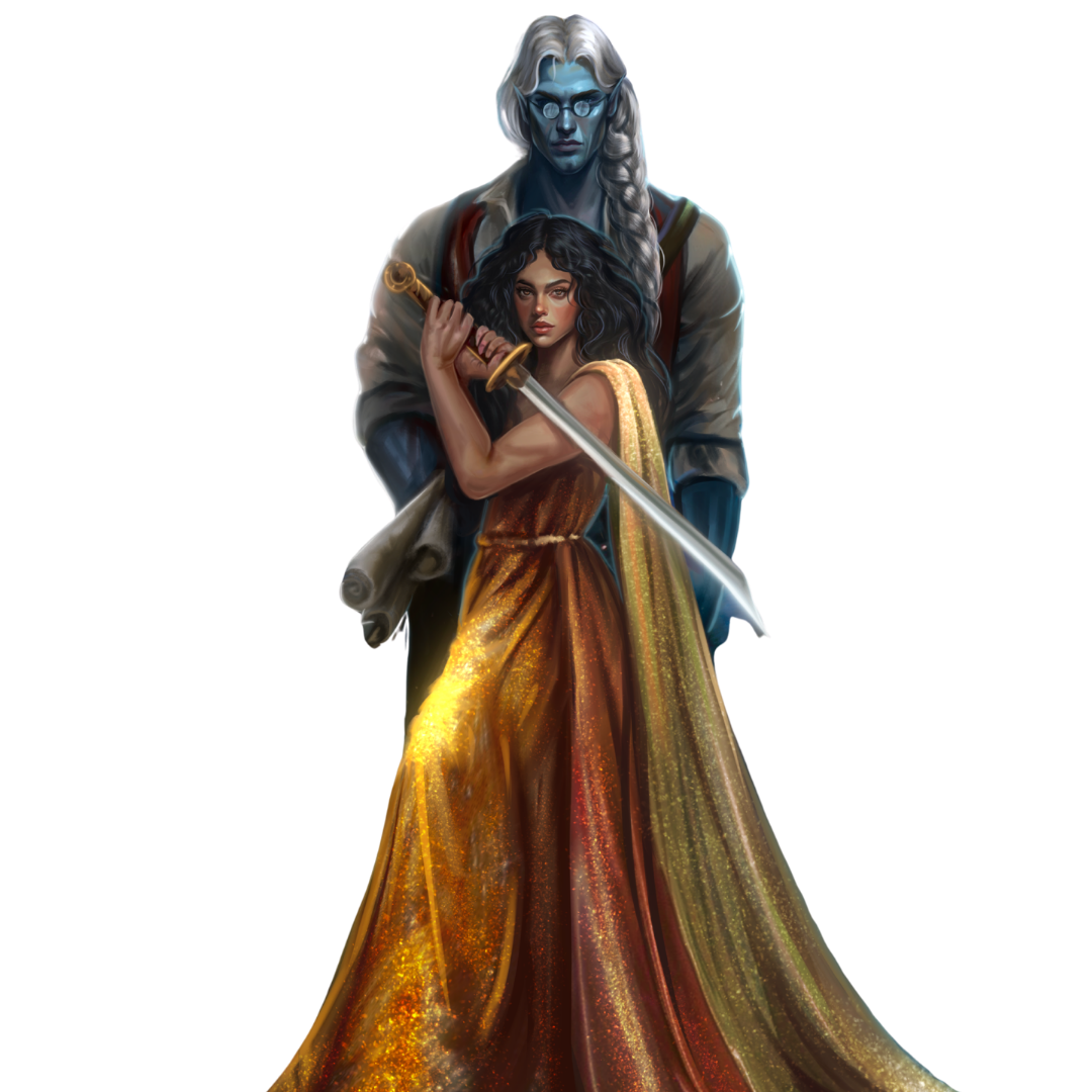 Fantasy illustration of a woman in a flowing gold and red gown holding a sword, with a tall blue-skinned man in a gray cloak standing behind her on a plain white background.